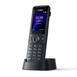 טלפון IP אלחוטי שחור עם מסך צבעוני, מקשים פיזיים ומעמד טעינה, מיועד לתקשורת עסקית מתקדמת