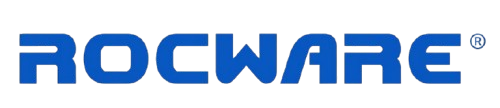 לוגו כחול של חברת ROCWARE על רקע לבן, עם האותיות מעוצבות בקווים עגולים עבים וסימן מסחרי רשום קטן בצד ימין למעלה