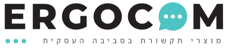 לוגו ארגוקום בצבע שחור עם בועת דיבור טורקיז במקום האות C, ומתחתיו הכיתוב "מוצרי תקשורת בסביבה העסקית" עם שלוש נקודות טורקיז