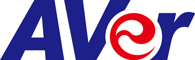 לוגו Aver בצבע כחול עם האות "e" בצבע אדום המעוצבת כסמל של גל או תנועה, על רקע לבן נקי