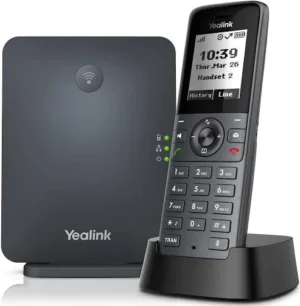 טלפון אלחוטי שחור מדגם Yealink עם מסך תצוגה דיגיטלי, מקשים מוארים, בסיס טעינה ותחנת בסיס מרובעת עם נוריות חיווי ירוקות