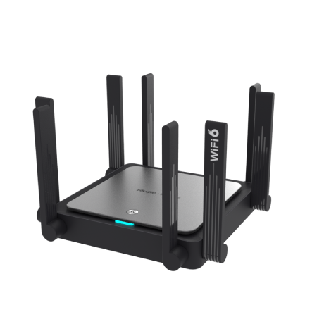 נתב Wi-Fi 6 שחור עם פאנל עליון כסוף, שמונה אנטנות חיצוניות מתכווננות ופס תאורת לד כחול בחזית