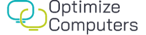 לוגו "Optimize Computers" עם אייקון של שני מסכי מחשב מחוברים בצבעי טורקיז וירוק בהיר על רקע לבן
