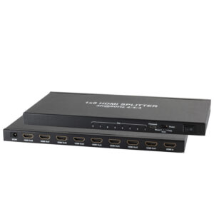 מפצל HDMI שחור 1x8 עם תמיכה ב-4K@60Hz, בעל כניסת HDMI אחת ושמונה יציאות HDMI, כולל כפתור הפעלה/כיבוי ונוריות חיווי