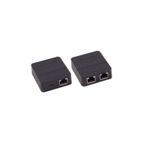 שני מתאמי רשת שחורים מפלסטיק, האחד עם חיבור USB-C ו-RJ45 והשני עם שני חיבורי RJ45, מיועדים לפתרונות תקשורת מתקדמים