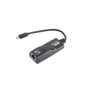 מתאם רשת שחור מ-USB-C ל-Gigabit Ethernet עם כבל קצר וגמיש, המאפשר חיבור מהיר ויציב למחשבים ניידים וטאבלטים