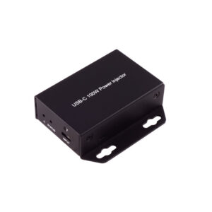 מזרק כוח שחור USB-C 100W עם כיתוב לבן, נורית חיווי "STATUS" ושקע "INPUT", כולל תושבת הרכבה עם חורים
