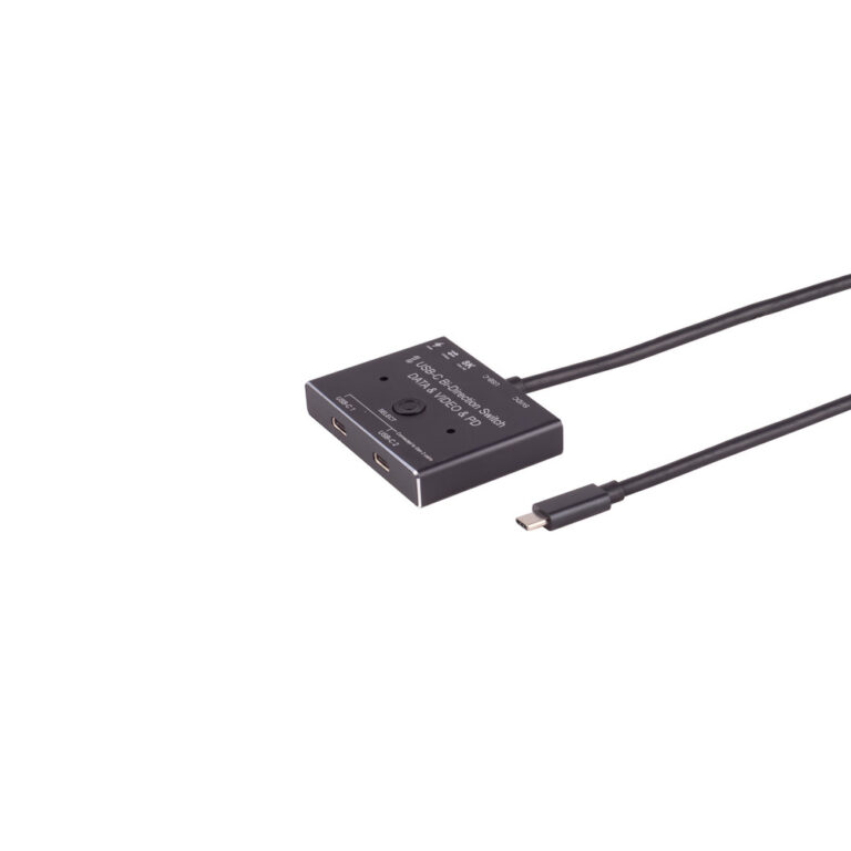 מתג USB-C דו-כיווני שחור עם כפתור בחירה ושתי יציאות USB-C, מחובר לכבל USB-C ארוך, מיועד להעברת נתונים ווידאו