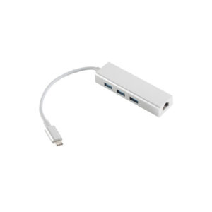 האב מולטיפורט אפור מלבני עם שלושה חיבורי USB כחולים וחיבור רשת RJ45, מחובר בכבל לבן עם קצה USB-C