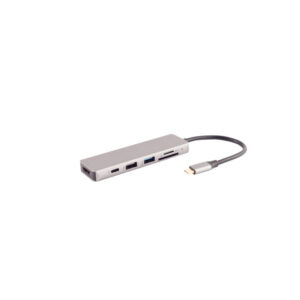 מתאם רב-פורטים אפור ממתכת עם כבל USB-C שחור, כולל חיבורי HDMI, USB 3.0, קורא כרטיסים ו-USB-C נוספים