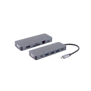 שני רכזות USB-C אפורות ממתכת, האחת עם כבל מחובר וחיבורי USB, HDMI, VGA, אודיו ו-Ethernet, והשנייה עם חיבורי USB, קורא