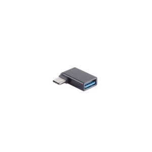 מתאם USB שחור זוויתי עם חיבור USB-C בצד אחד וחיבור USB 3.0 כחול בצד השני, מיועד לחיבור ציוד היקפי