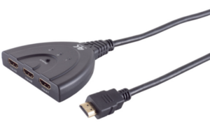 מפצל HDMI שחור עם שלושה כניסות ושקע יציאה אחד, כולל כפתור בחירה ידני ונוריות חיווי LED, מתאים לחיבור מספר מכשירים למסך אחד