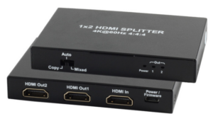 מפצל HDMI שחור קומפקטי 1X2 התומך ב-4K@60Hz 4:4:4, עם כניסת HDMI אחת ושתי יציאות HDMI, כולל מתג בחירה למצב עבודה ונוריות חיווי