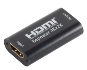מגבר HDMI שחור קומפקטי עם כיתוב לבן "HDMI Repeater 4Kx2K", בעל כניסת Input ו-Output מוזהבות בצדדים, לשיפור אות וידאו